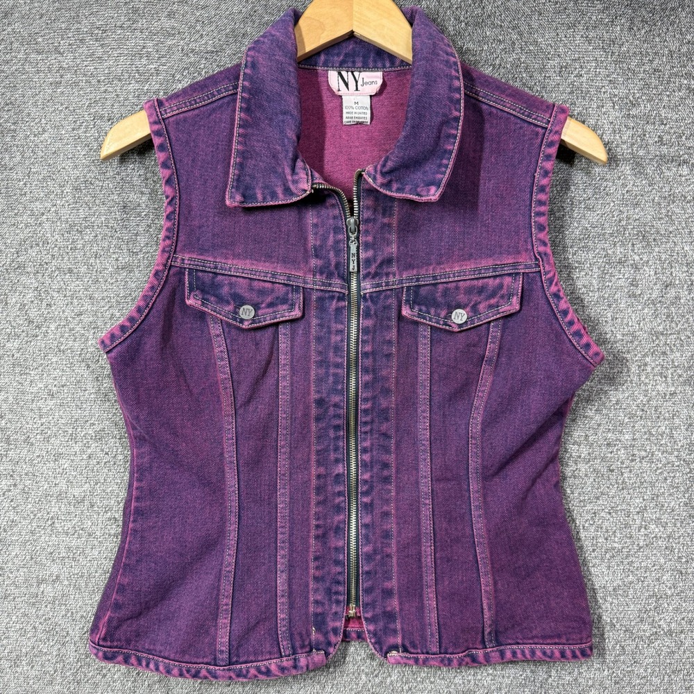 Vintage NY Jeans Purple Acid Wash Denim Vest Zip Front Cotton Trucker Medium